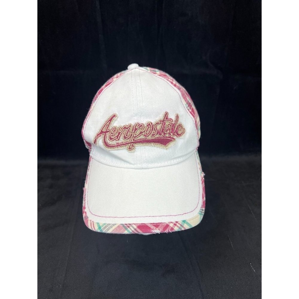 Aeropostale Red Plaid Baseball Hat Cap White Fitted Flexfit Sz Small to Medium